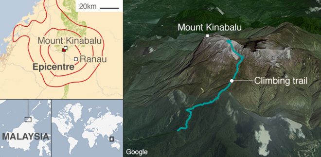 Карта, показывающая землетрясение, которое обрушилось на гору Кинабулу в Малайзии