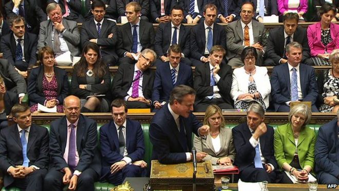 Дэвид Кэмерон выступает в Палате общин, за ним сидят депутаты-консерваторы