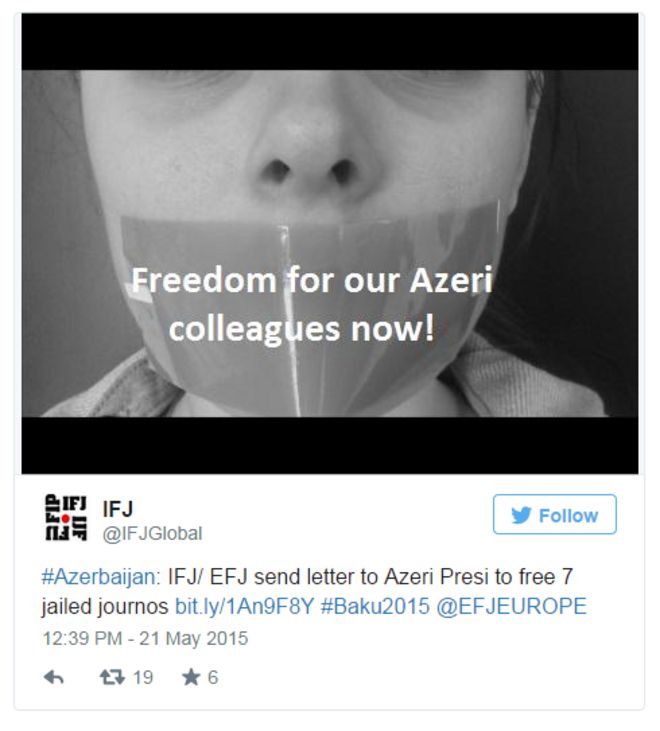 Подобные изображения в знак протеста против нарушений прав человека в Азербайджане широко распространялись под хэштегом # Baku2015 - изначально предназначенным для продвижения Европейских игр