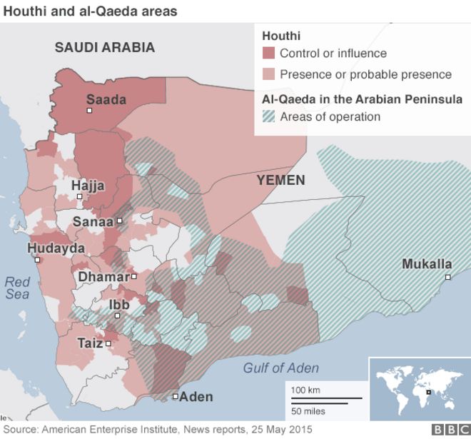 Карта Йемена с указанием районов операций и контроля в Хути и Аль-Каиде (25 мая 2015 года)
