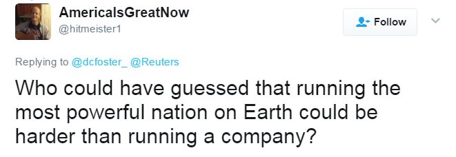 This tweet reads: "Who could have guessed that running the most powerful nation on Earth could be harder than running a company?"