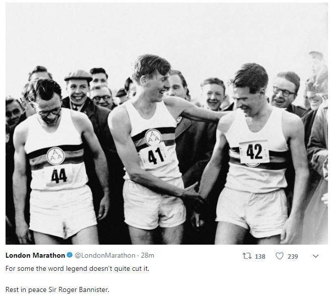 Roger Bannister (centre) with Chris Chataway (right) and Chris Brasher (1928 - 2003) after Bannister broke the mile world record