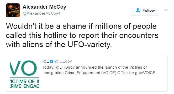 Tweet reads: Wouldn't it be a shame if million of people called this hotline to report their encounters with aliens of the UFO-variety