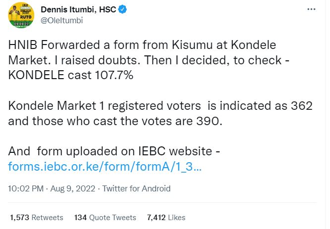 Скриншот результатов выборов, опубликованных Деннисом Итумби
