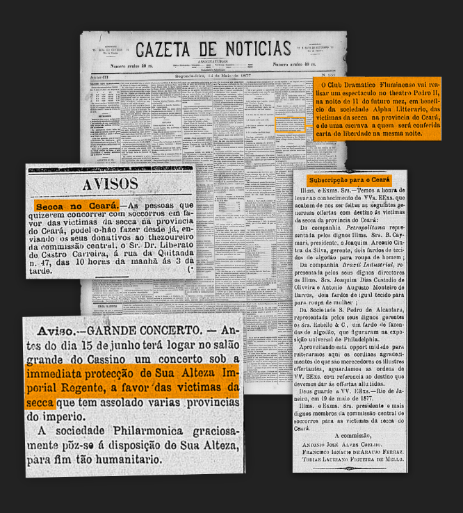 Montagem de anúncios do jornal Gazeta de Notícias sobre bailes beneficentes e arrecadações para os afetados pela seca