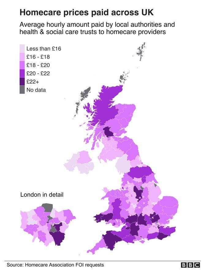 Map graphic showing homecare prices in UK