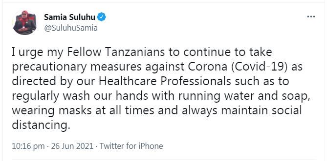 Screengrab of Twitter post by President Samia urging Tanzanians to follow public health safety measures
