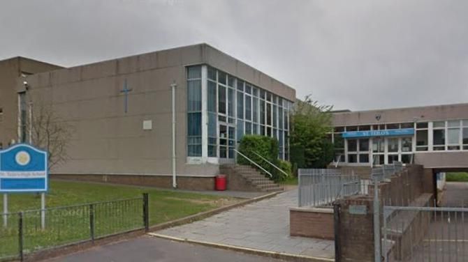 the school buildings and sign at Ysgol Gyfun Gymraeg Bro Edern 