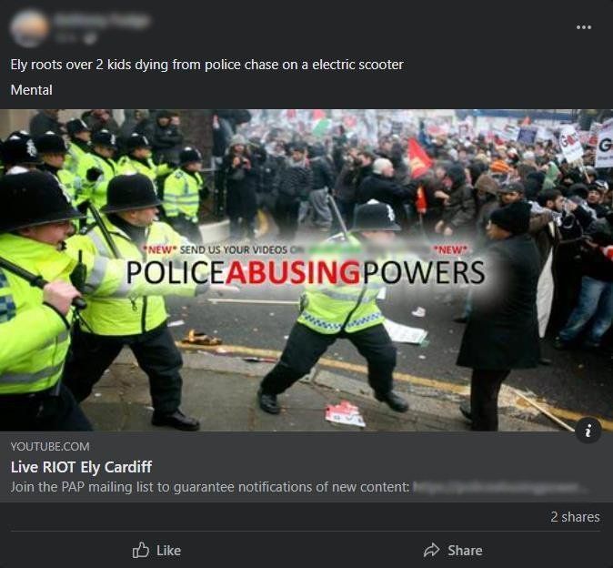 A Facebook post showing the police forcefully holding back protestors posing as Ely riot footage
