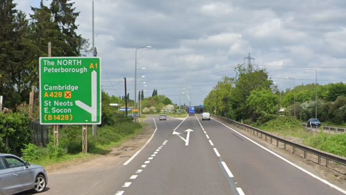 Street View image of the Eaton Socon junction of the A1