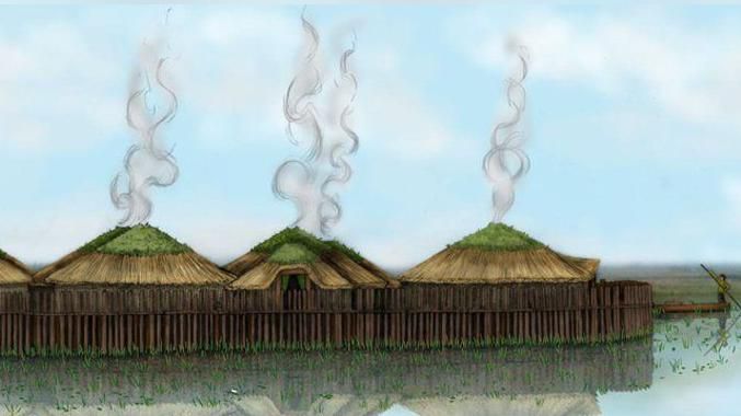 An artist's impression of the Bronze Age of roundhouses surrounded by water and a person on a boat at Must Farm 