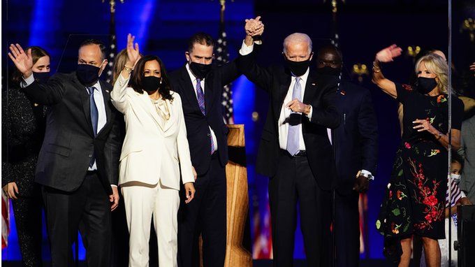 US President-elect Joe Biden and Vice President-elect Kamala Harris celebrate on stage