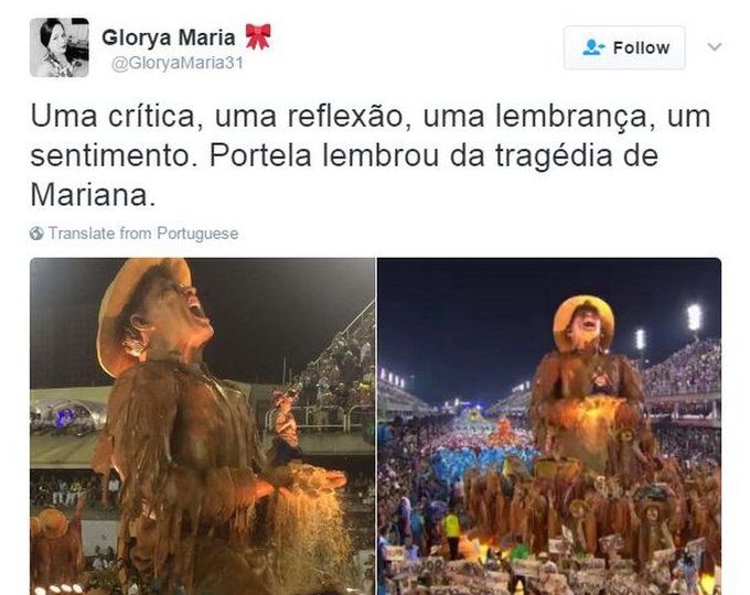 A carnival spectator praises Portela's float: "A critique, a reflection, a memory, a feeling. Portela remembered the tragedy of Mariana"