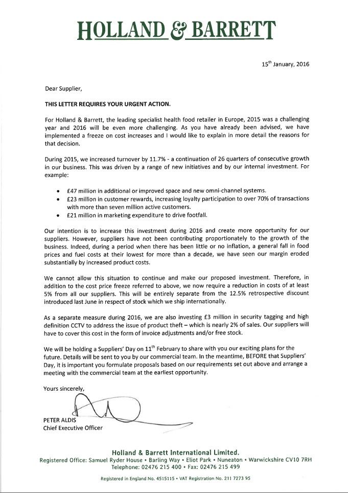 Full letter to suppliers from Holland & Barrett