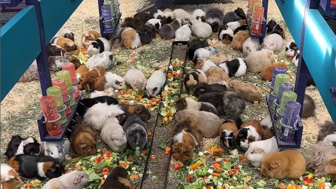 A huge number of guinea pigs, maybe fifty, of varying colours all munching on carrots and lettuce in a comfortable-looking enclosure