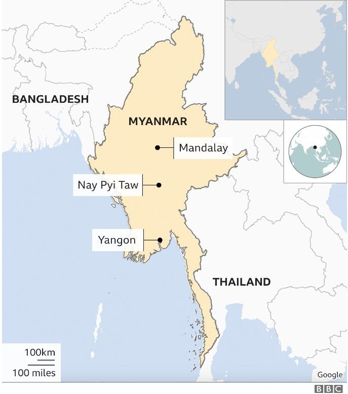 Карта Мьянмы с изображением Мандалая, Най Пий Тау и Янгона