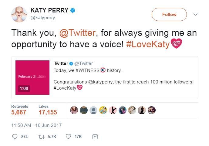 Katy Perry tweeted: "Thank you, @Twitter, for always giving me an opportunity to have a voice! #LoveKaty"