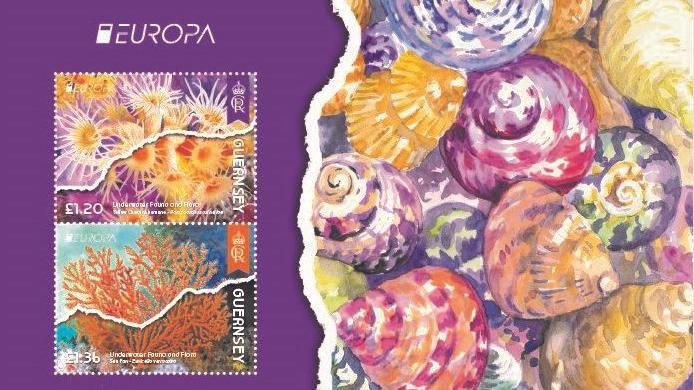 Ttwo of the underwater themed stamps and a close-up of one showing sea shells