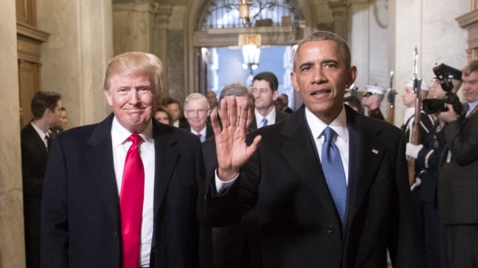 Former US President Barack Obama (R) with President Donald Trump