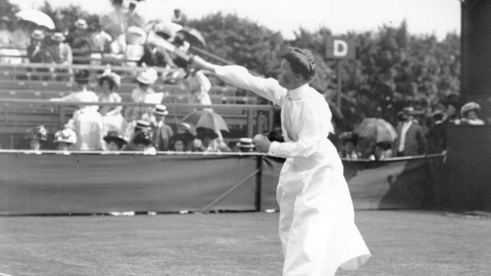 British tennis player Charlotte Cooper, who was the first female Olympic champion, plays tennis in a long costume which covers her ankle.