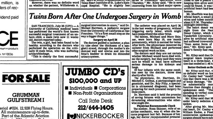 La noticia sobre el nacimiento de los mellizos, en la página 8 del New York Times, del 27 de julio de 1981.