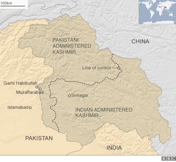 A BBC map showing Indian and Pakistani administered Kashmir