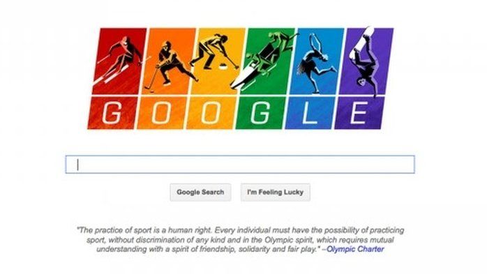 A screen shot of the home page Google.com, depicting illustrations of athletes skiing, sledding, curling and skating against a rainbow-coloured backdrop -- a symbol of the gay rights movement