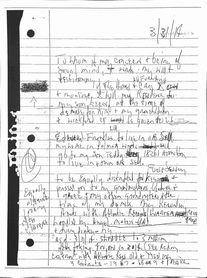 A copy of the first page of the 2014 document ruled to be Aretha Franklin's will