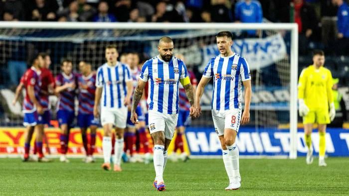 Kilmarnock's Kyle Vassell and Brad Lyons look dejected after Copenhagen's goal