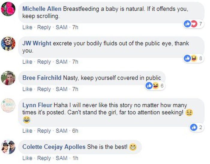 Comments on Facebook: "Breastfeeding a baby is natural. If it offends you, keep scrolling; Excrete your bodily fluids out of the public eye, thank you; Nast, keep yourself covered in public; I will never like this story no matter how many times it's posted; She's the best"