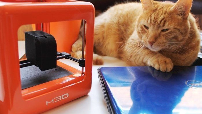 A cat sitting next to a Micro 3D printer