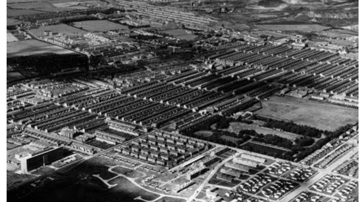 A black and white image of rows of housing