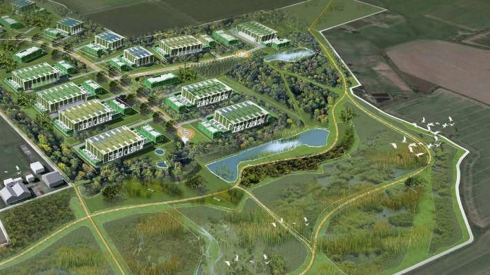 An artist's impression of the proposed East Havering Data Centre and surrounding park