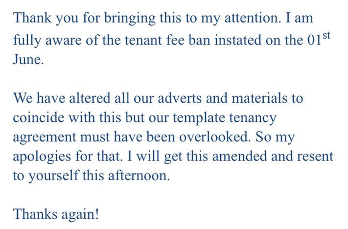 Email from Lewis Ridley's letting agent