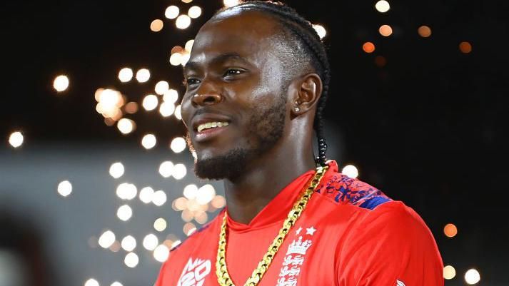 Jofra Archer walks out on the field prior to England's match against the West Indies at the T20 World Cup