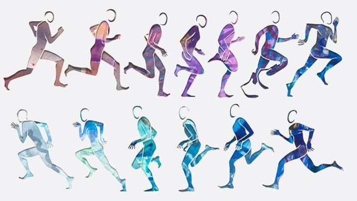 A card artwork with cut-out silhouettes of figures running. There are blue and purple colours behind the images.