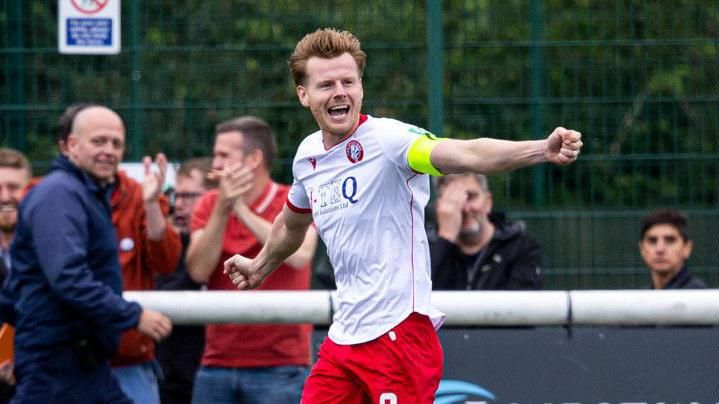 The Spartans' Blair Henderson scores to make it 1-0 during a Premier Sports Cup last sixteen match between The Spartans and Ross County at Ainslie Park, on August 17, 2024, in Edinburgh, Scotland.