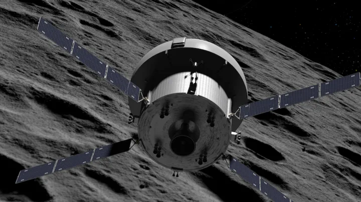 Illustration of the Orion spacecraft performing a lunar fly‑by on the Artemis II mission