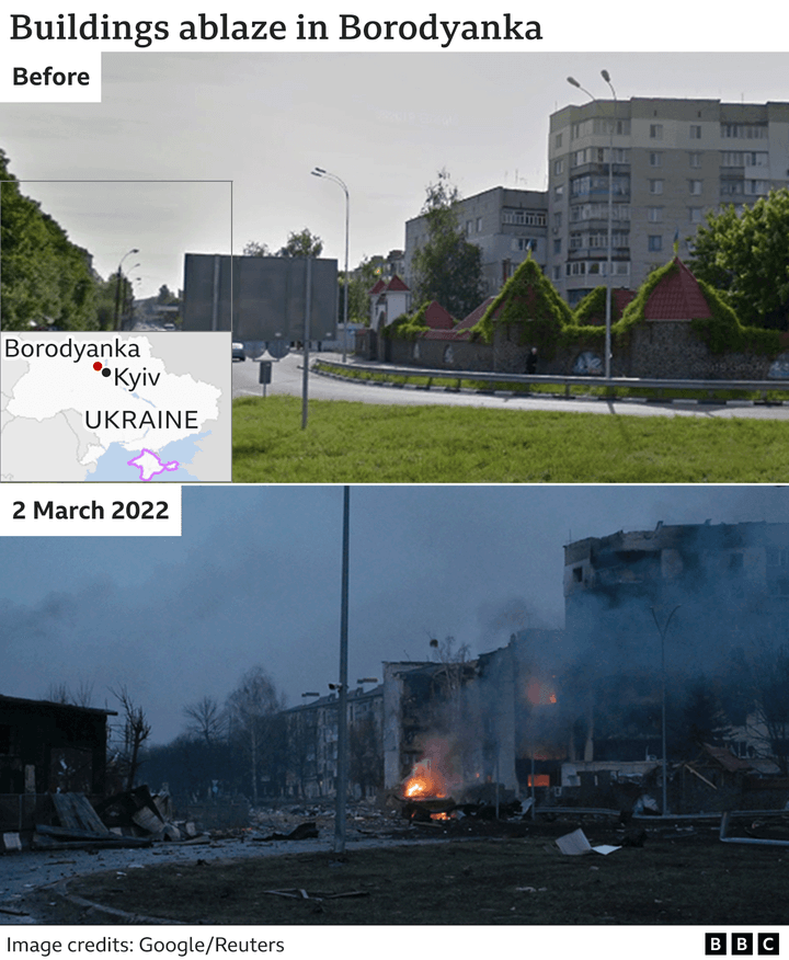 Image shows destruction of buildings before and after