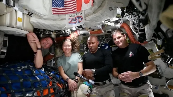 BBC Science Editor Rebecca Morelle speaking to the Artemis II astronauts during a live uplink from orbit