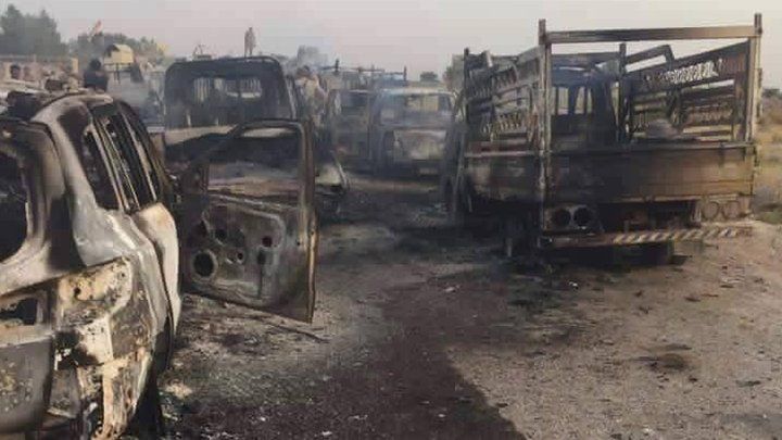 Photo released by Iraqi ministry of defence purportedly showing aftermath of air strike on convoy carrying Islamic State militants (29 June 2016)