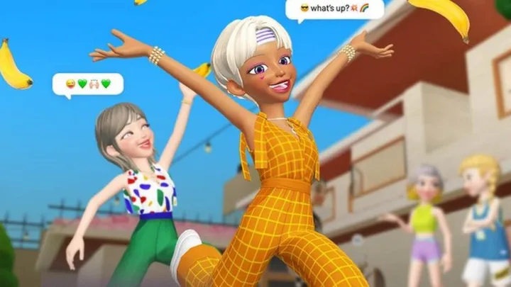 A bustling virtual street in Zepeto, filled with avatar shoppers and fashion displays