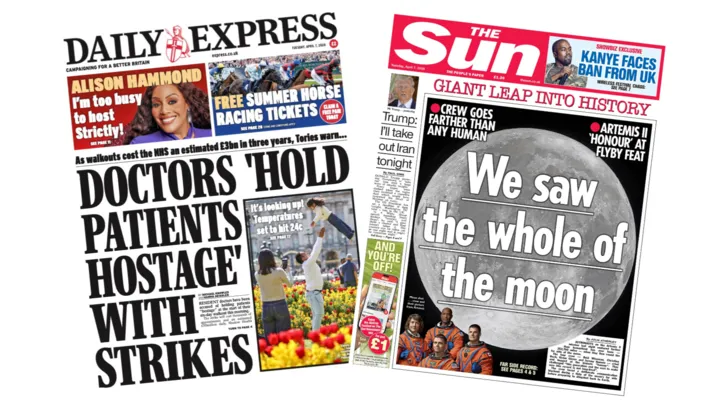 Illustration depicting the media focus on the upcoming six‑day resident doctors' strike, highlighting headlines that claim doctors ‘hold patients hostage’ and reference ‘the whole of the moon’