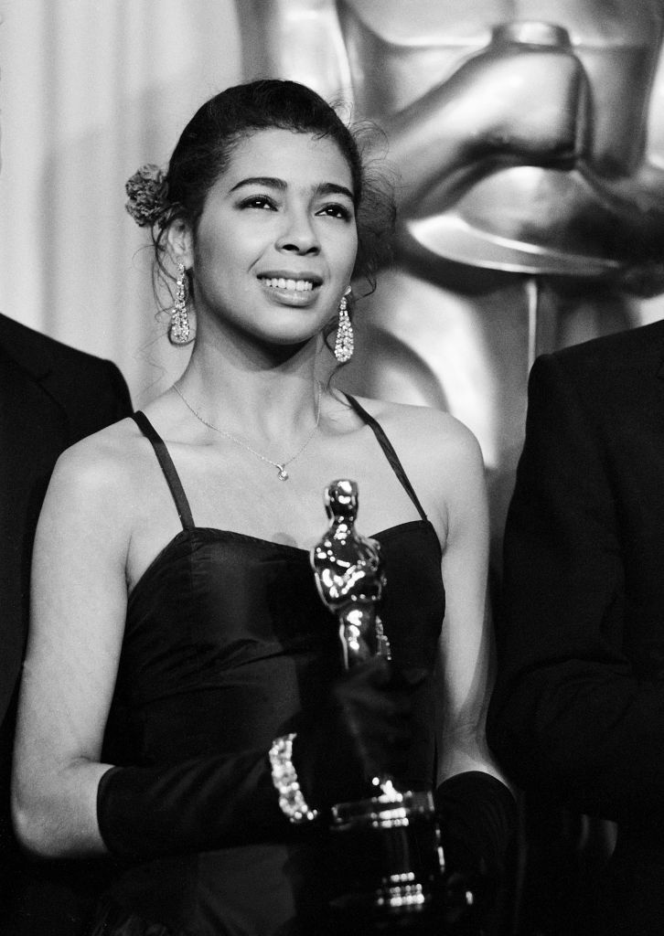 Irene Cara is pictured with her Oscar for Best Original Song at the 1984 Academy Awards
