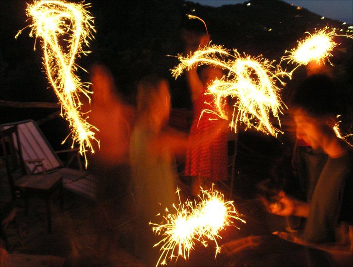 People waving sparklers in the dark