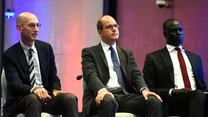 NBA Commissioner Adam Silver (left), Secretary General of Fiba Andreas Zagklis (centre) and the President of the Basketball Africa League Amadou Gallo Fall attend the announcement of the The NBA-backed Basketball Africa League (BAL) in 2019