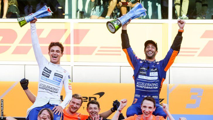Lando Norris and Daniel Ricciardo celebrate their podium finishes at Monza