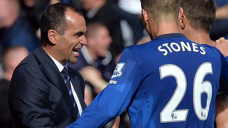 Everton manager Roberto Martinez and John Stones