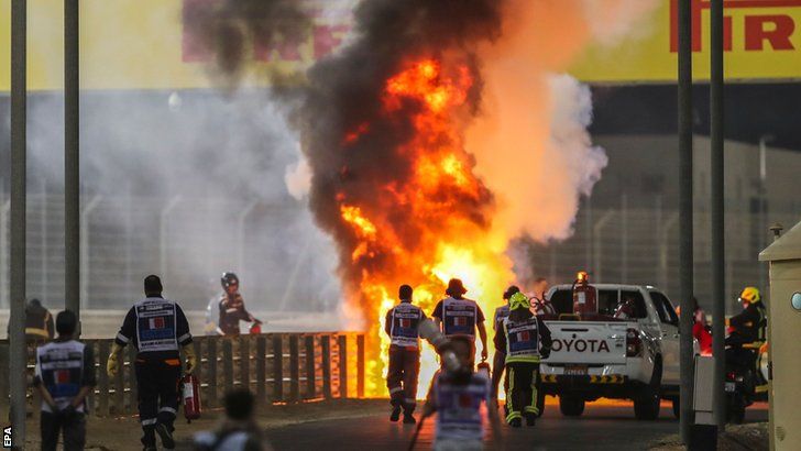 Romain Grosjean's car on fire