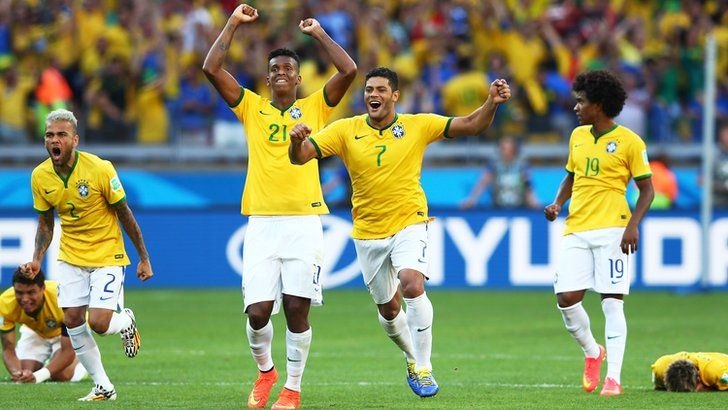 Brazil players celebrate after Gonzalo Jara misses the final penalty